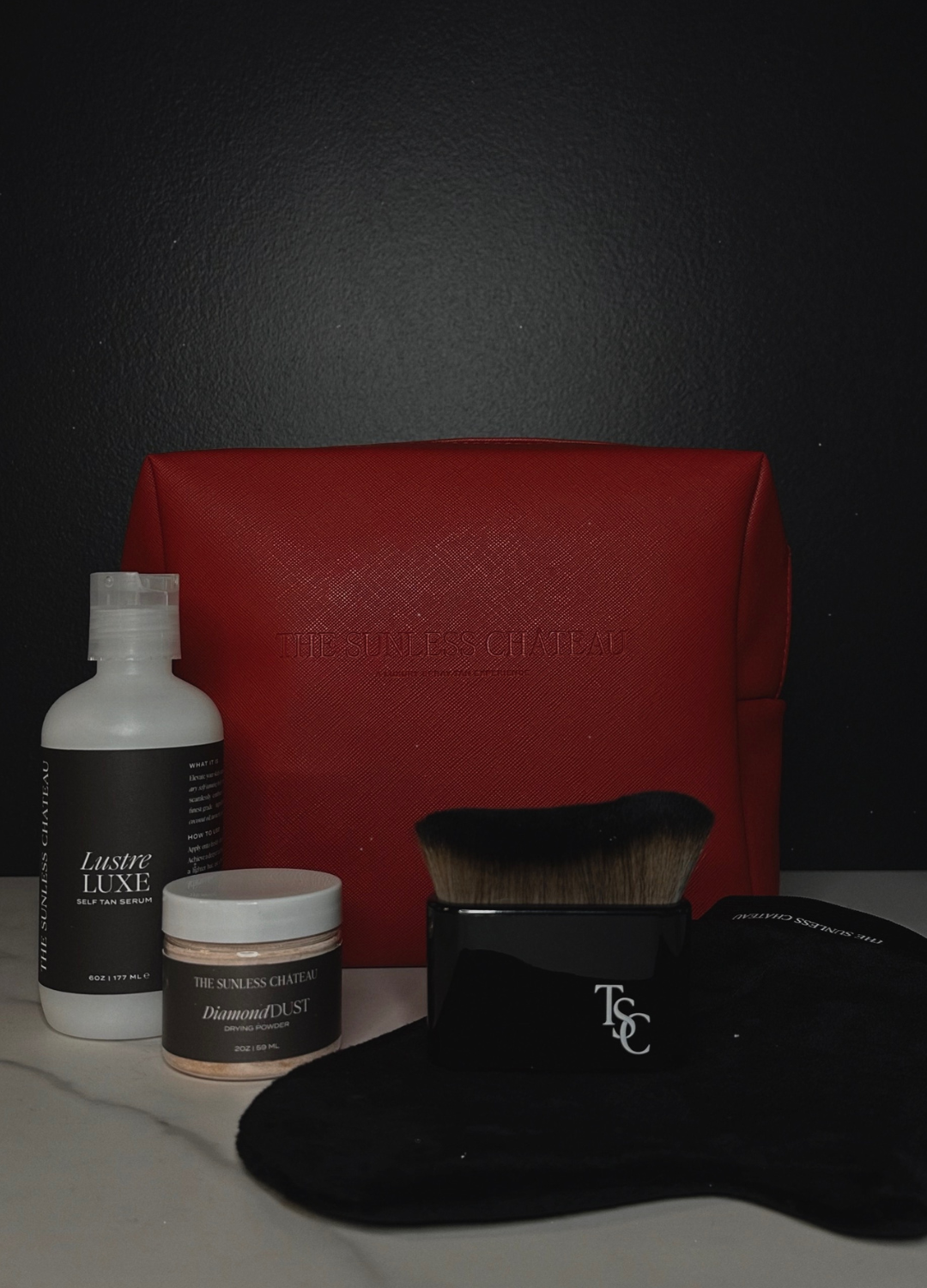 Self Tan Travel Kit | Lustre Luxe, Diamond Dust Drying Powder, Kabuki Brush, Velvet Mitt