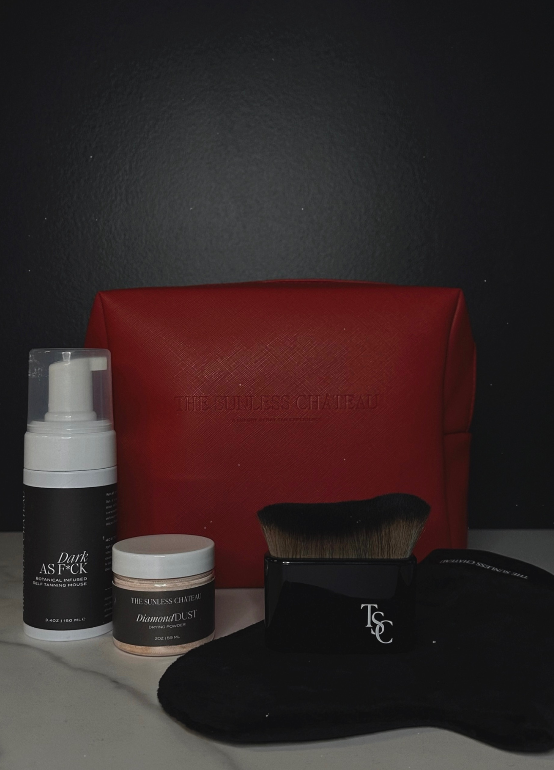 Self Tan Travel Kit | Dark As F*ck, Diamond Dust Drying Powder, Kabuki Brush, Velvet Mitt