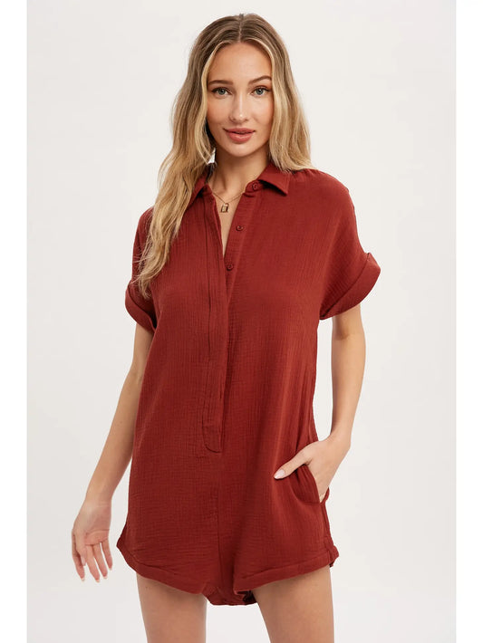 Button Up Shirt Romper With Pocket